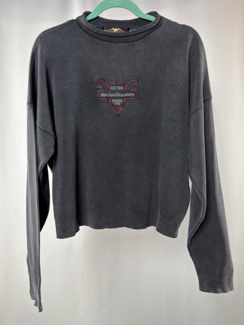 Harley-Davidson Cotton Embroidered Logo Knit Pullover in Charcoal Gray Red Large